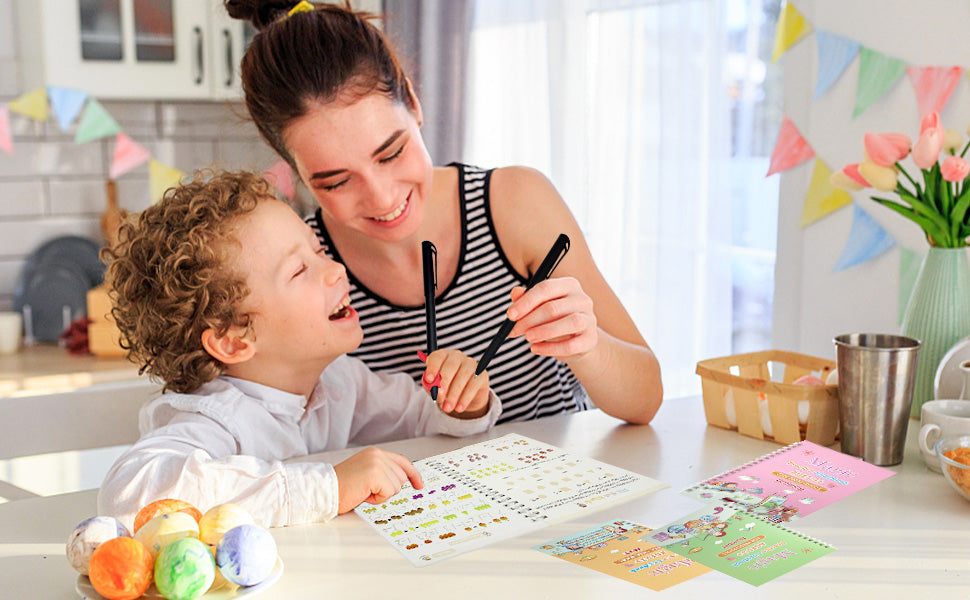 Kid's Magic Practice Book - 4 Different Books (Alphabet, Numbers, Drawing, Math) ,1 Pen ,1 Gripper ,10 Extra Refills