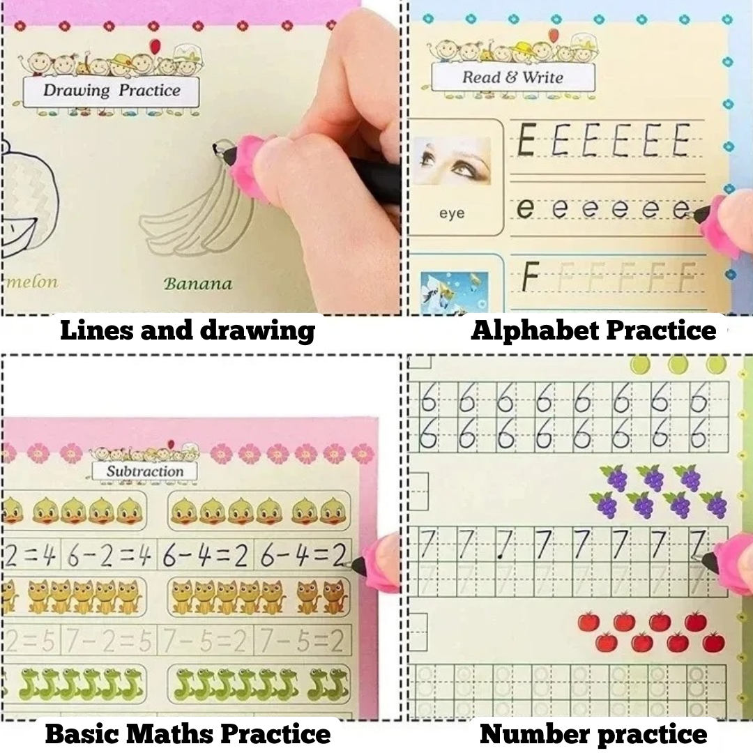 Kid's Magic Practice Book - 4 Different Books (Alphabet, Numbers, Drawing, Math) ,1 Pen ,1 Gripper ,10 Extra Refills