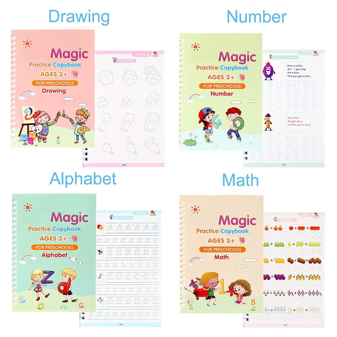 Kid's Magic Practice Book - 4 Different Books (Alphabet, Numbers, Drawing, Math) ,1 Pen ,1 Gripper ,10 Extra Refills